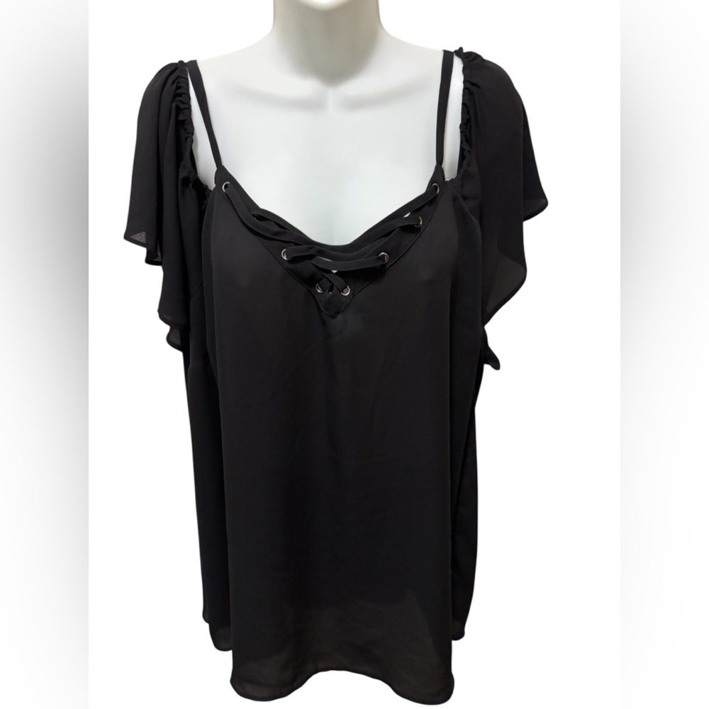 Torrid Sheer Black Open Shoulder Top Flowy SS Sz 4X Dressy Holiday Blouse Lined